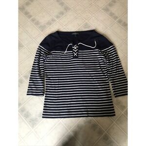 Women's Size Medium Lace Front Blue and White Stripe Lauren Ralph Lauren Tee
